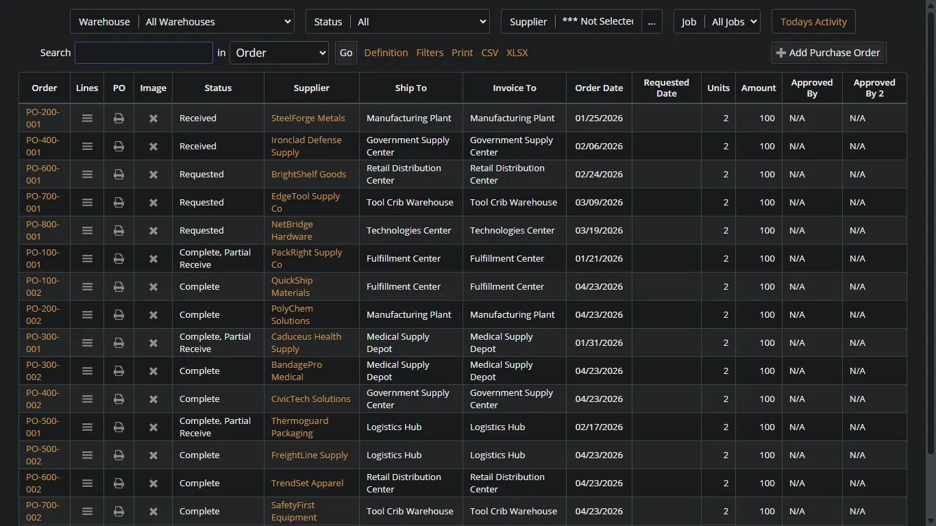Purchase order list showing orders created from inbound EDI 850 documents with status tracking
