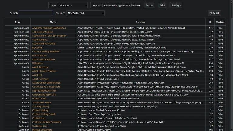 Report navigation library organized by category with search, sort, and filter controls