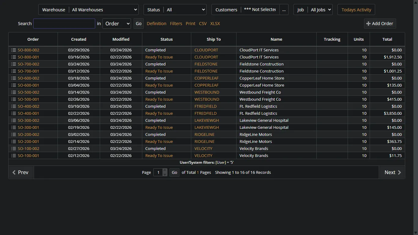 Shipping order pick list with line items, quantities, and fulfillment status ready for WorldShip export